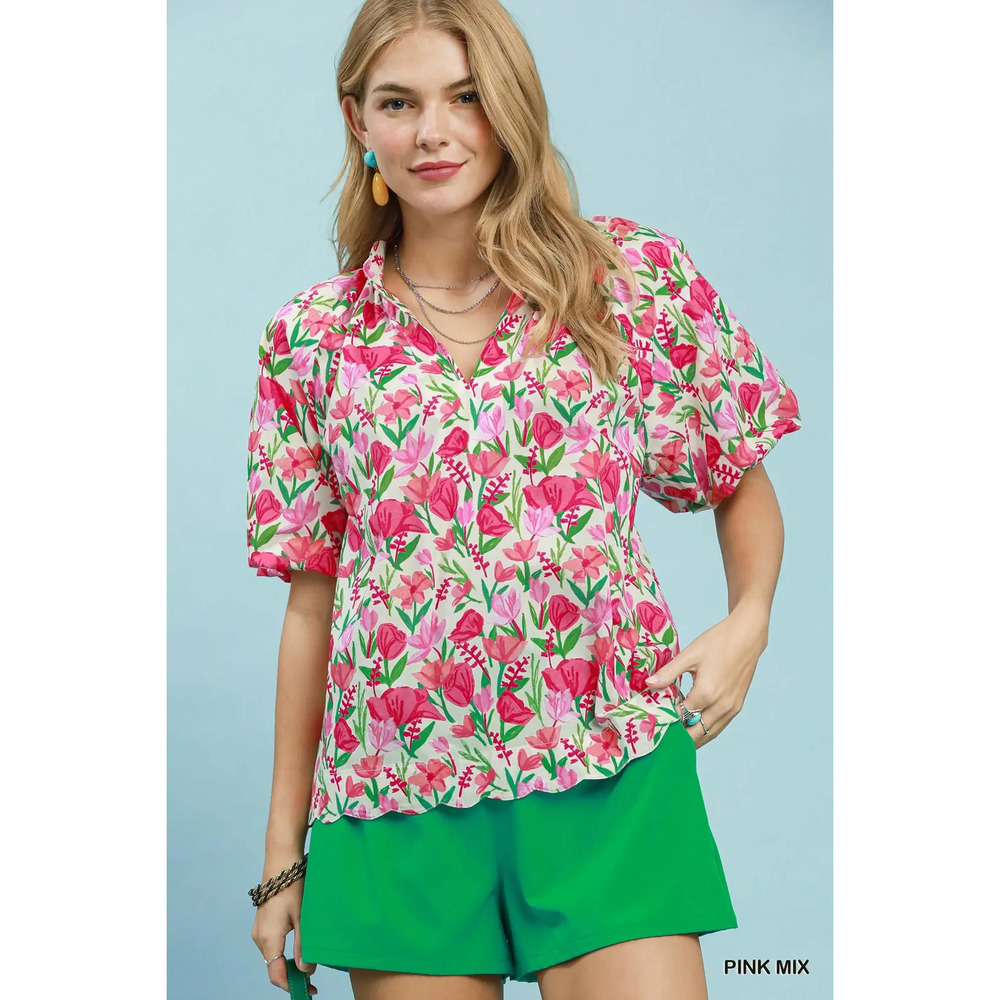 Umgee Floral Puff Sleeve Blouse with Scalloped Details